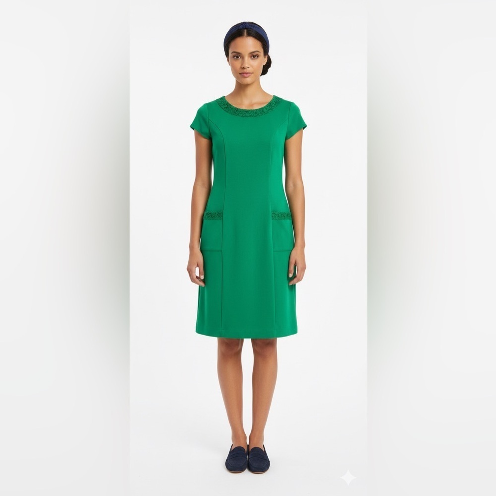 Boden Green Ponte Knit Sheath Dress Emerald Workwear Crochet Detail Size 14